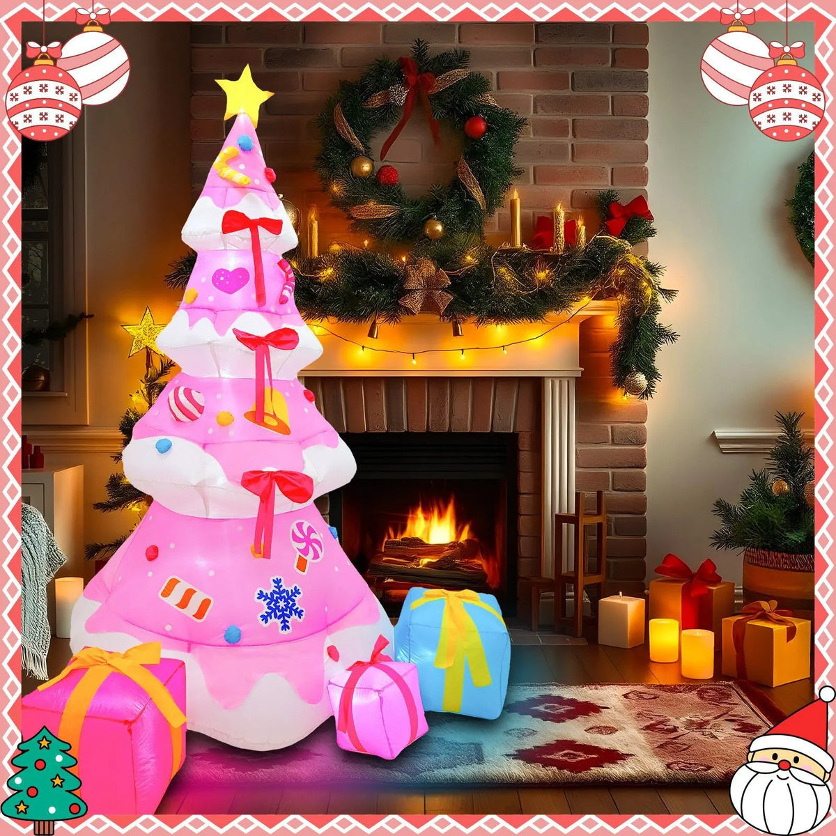 8ft Pink Inflatable Christmas Tree with LED Lights - Outdoor Yard Decor