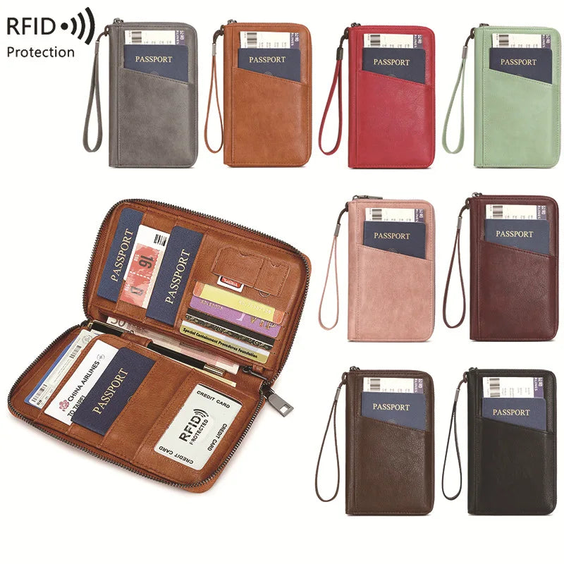 RFID Blocking Family Travel Passport Wallet – Zippered Multi-Card Organizer Wristlet