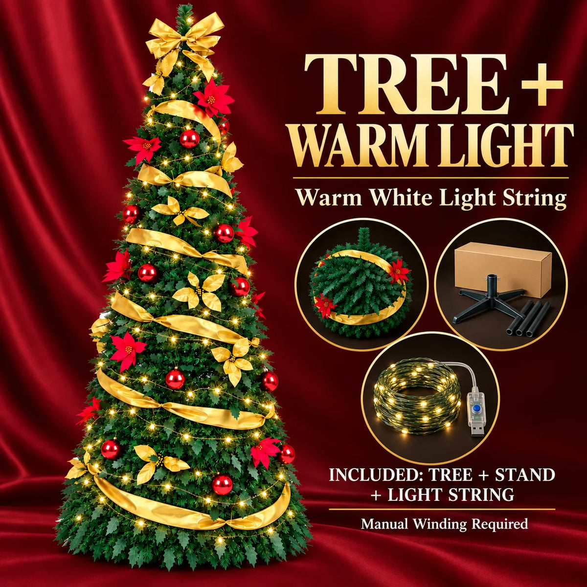 Pop-Up Pre-Decorated Foldable Christmas Tree – Space-Saving Artificial Holiday Xmas Tree with Ornaments & Lights
