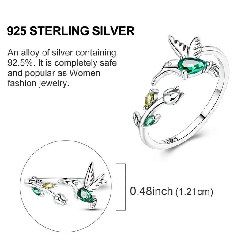 MULA 925 Sterling Silver Tulip Hummingbird Adjustable Ring