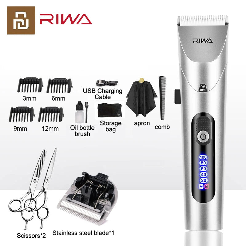 RIWA Professional Cordless Hair Clipper – USB Rechargeable LCD Grooming Kit