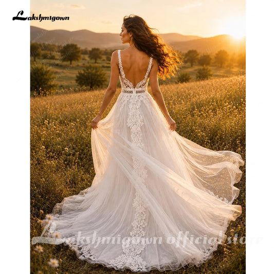 Lakshmigown Boho Lace & Tulle A-Line Wedding Dress with V-Neck & Low Back