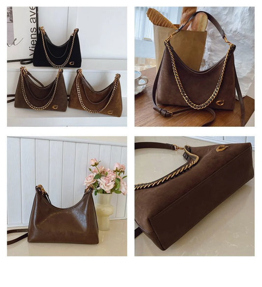 Women's Light Luxury High-End Black Suede Shoulder Crossbody Tote Bag