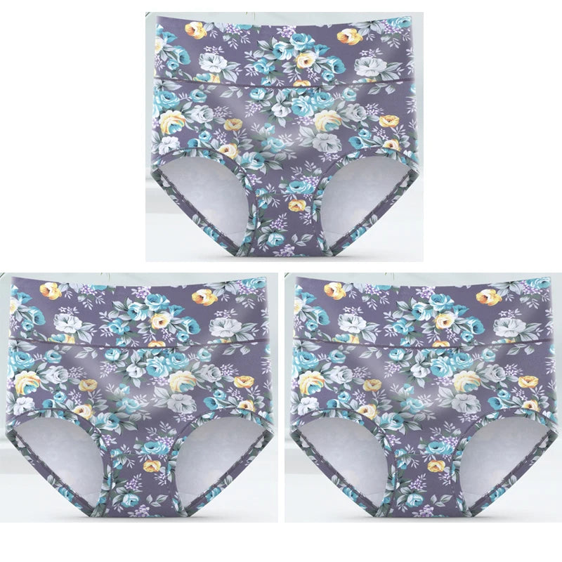 3-Pack Women's Floral Print High-Waisted Briefs - Plus Size Breathable Cotton Panties