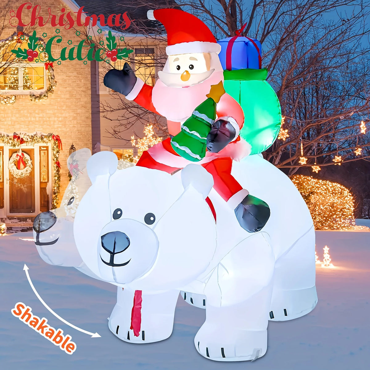 6.56ft Inflatable Santa Claus Riding Polar Bear with LED Lights & Shaking Head