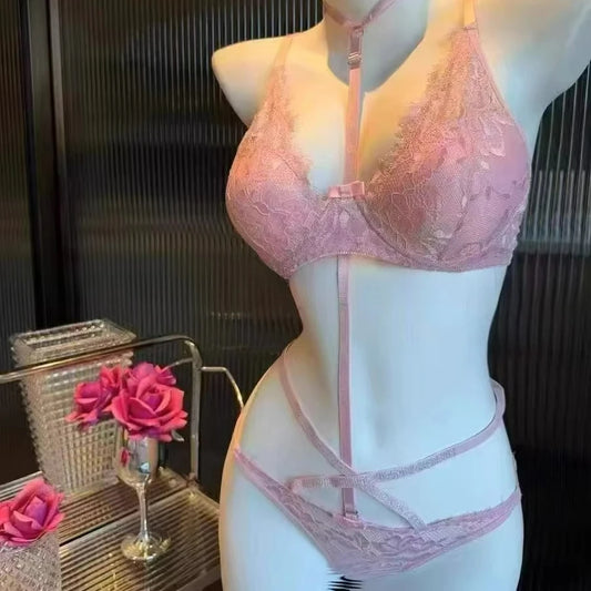 Pink Halter Neck Lace Bra Set