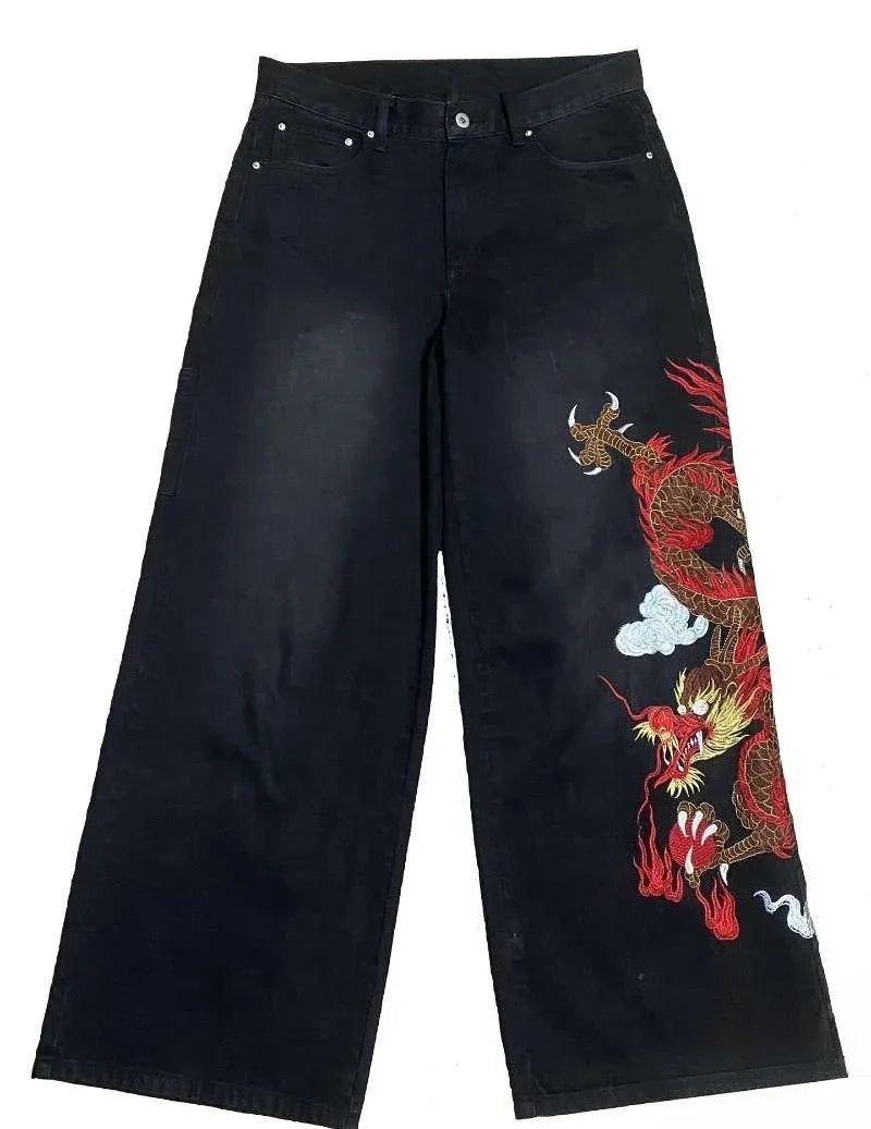 Dragon Graffiti Embroidered Loose Wide Leg Distressed Jeans
