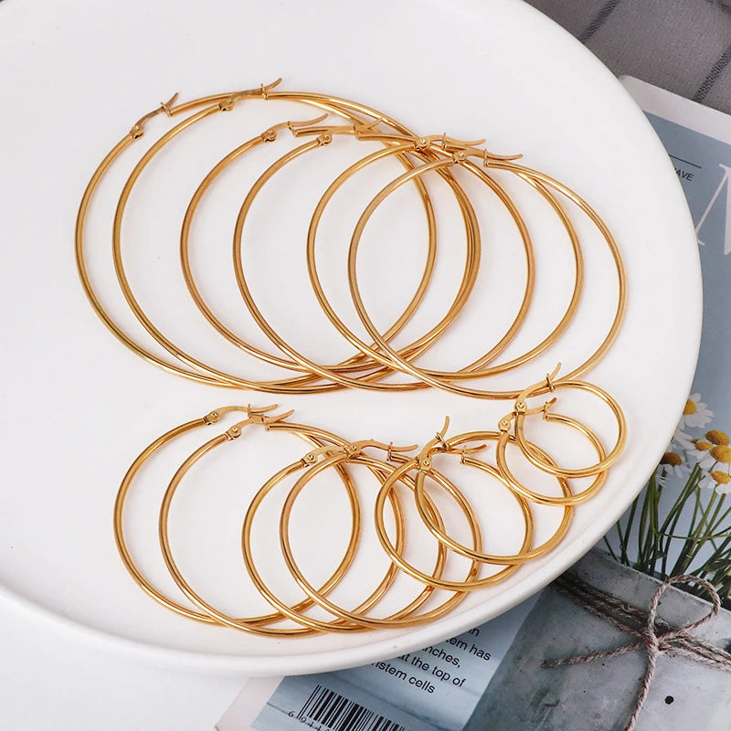 Classic Stainless Steel Big Hoop Earrings – Lightweight Round Circle Jewelry (30-80mm)