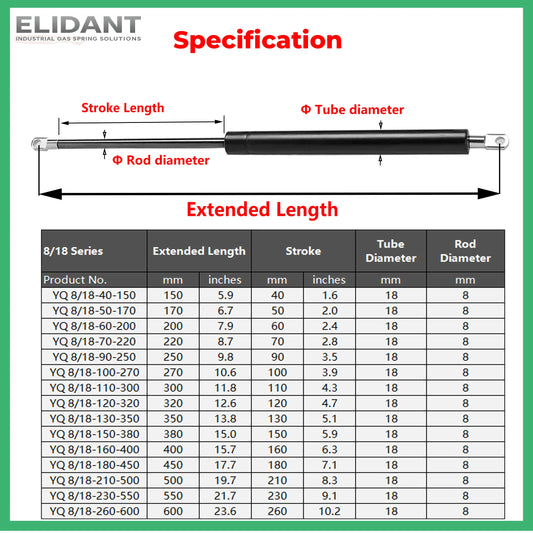 1PC 100-500N 150-600mm Universal Gas Strut Gas Spring Lift Support with Steel Eye Ends