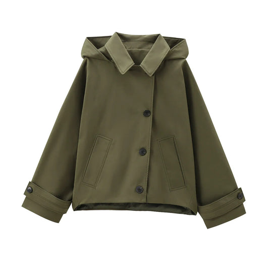Women's European & American Style Hooded Lapel Jacket – Single-Breasted Trench Coat