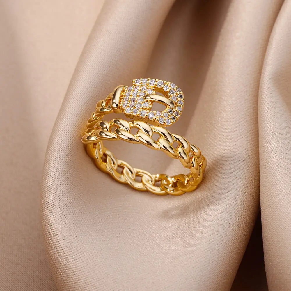 18K Gold Plated Zircon Geometric Open Ring – Trendy Waterproof Stainless Steel Jewelry
