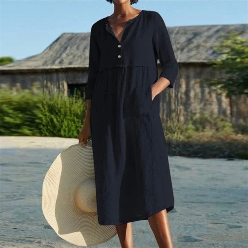 Women's Cotton Linen Half-Sleeve Midi Dress with Pockets