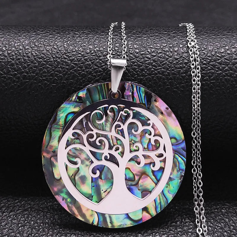 Tree of Life Stainless Steel Abalone Shell Natural Necklace Chain