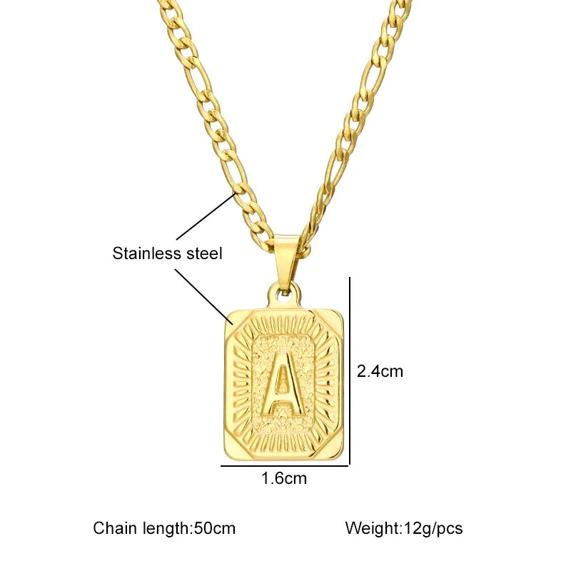Stainless Steel Initial Pendant Necklace – Minimalist Square Letter Charm Jewelry for Women & Men