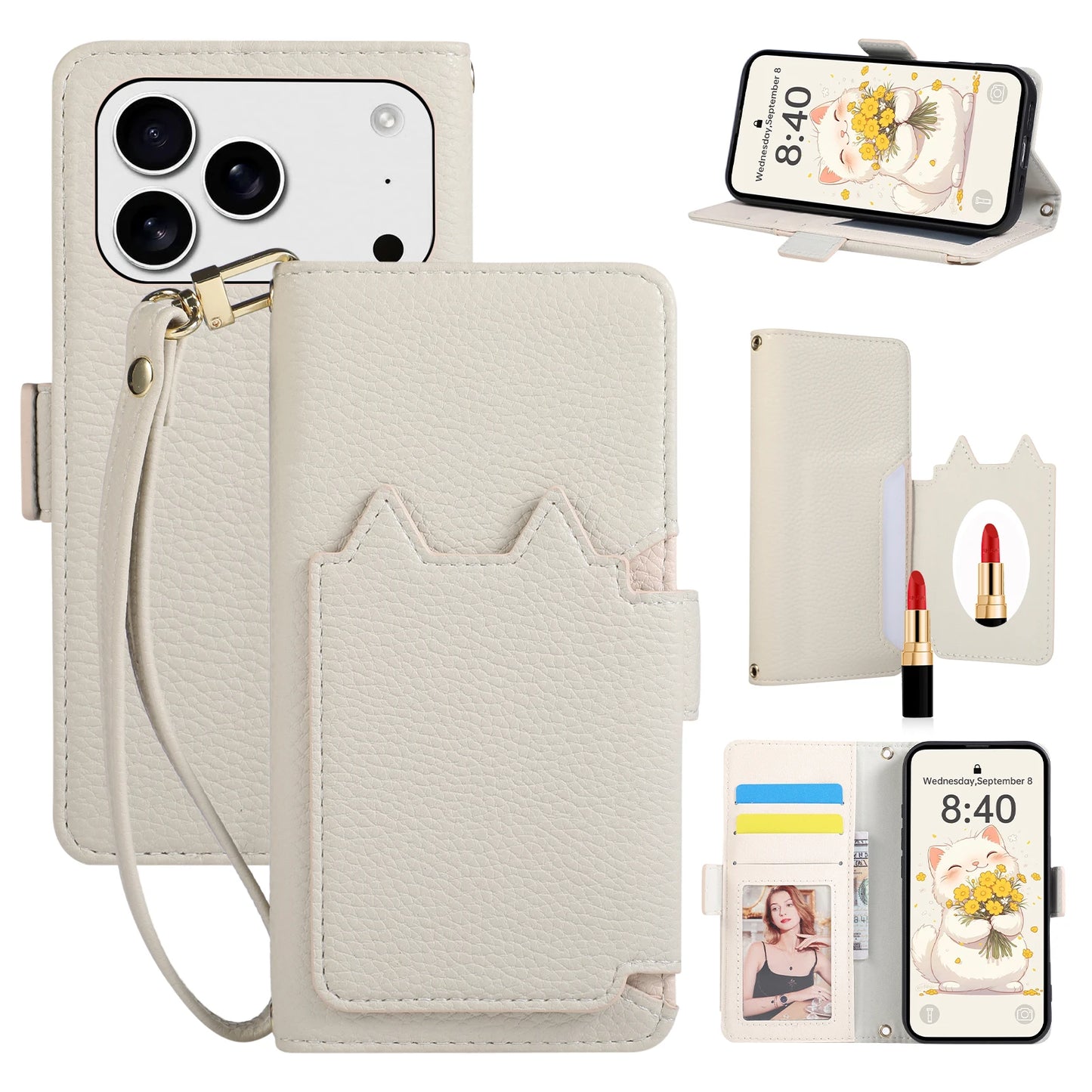 Cat Shape Litchi Leather Flip Wallet Phone Case with Mirror for iPhone