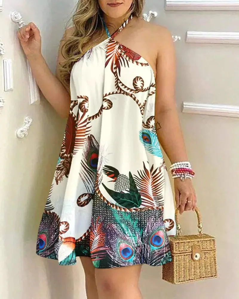 Women's Tropical Leaf Print Halter Neck Mini Dress – Sleeveless Backless Beach Sundress