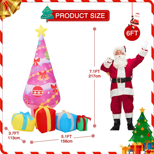 7FT Pink Christmas Tree Inflatable With LED Lights Gift Boxes