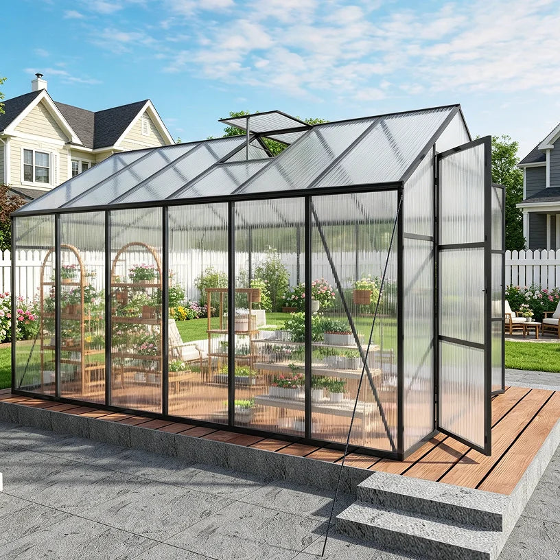 SUSUA 8x12FT Polycarbonate Raised Base and Anchor Aluminum Heavy Duty Greenhouse