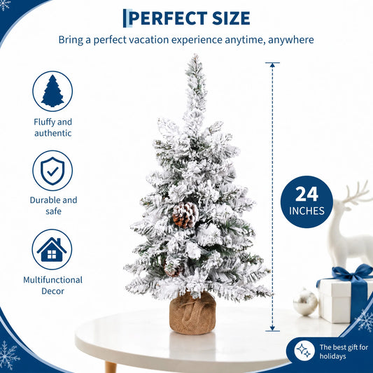 24-Inch Pre-Lit Snowy Tabletop Christmas Tree – Flocked Mini Xmas Tree with LED Lights & Ornaments