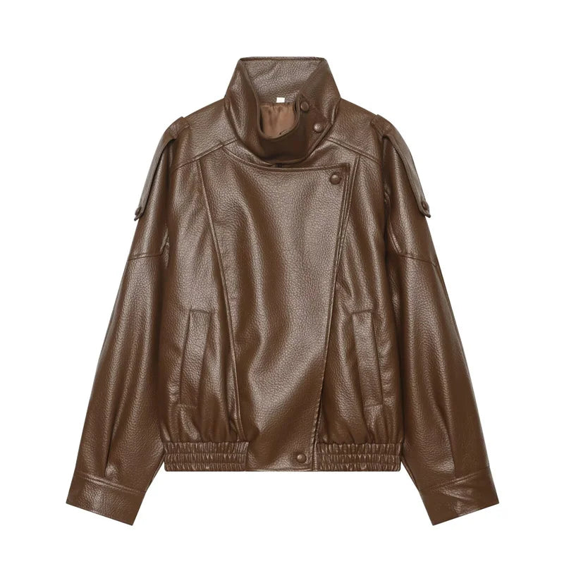 Women's Black Faux Leather Motorcycle Jacket – Long Sleeve Casual Coat