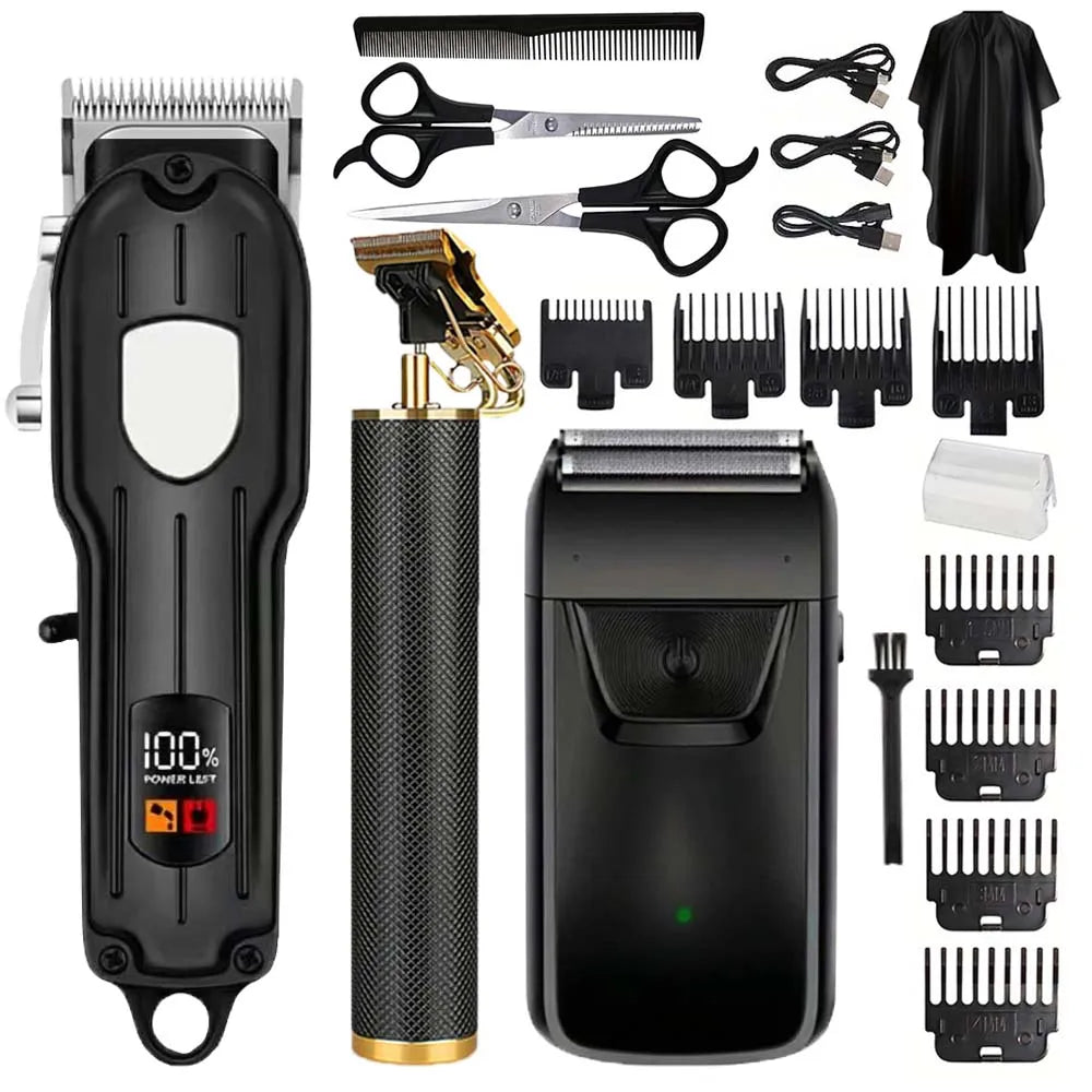 Professional Cordless Hair Clipper & Trimmer Set – USB Rechargeable Grooming Kit with LCD Display