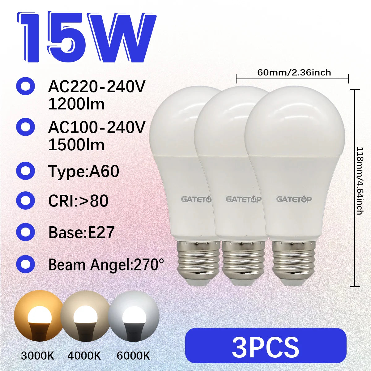 High-Efficiency Energy Saving LED Light Bulb – E27/B22 Base (15W / 3000K–6000K)