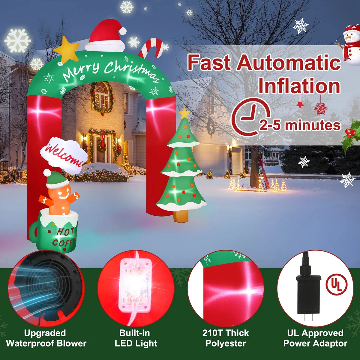 8.85FT Inflatable Christmas Tree & Gingerbread Man Arch with LED Lights
