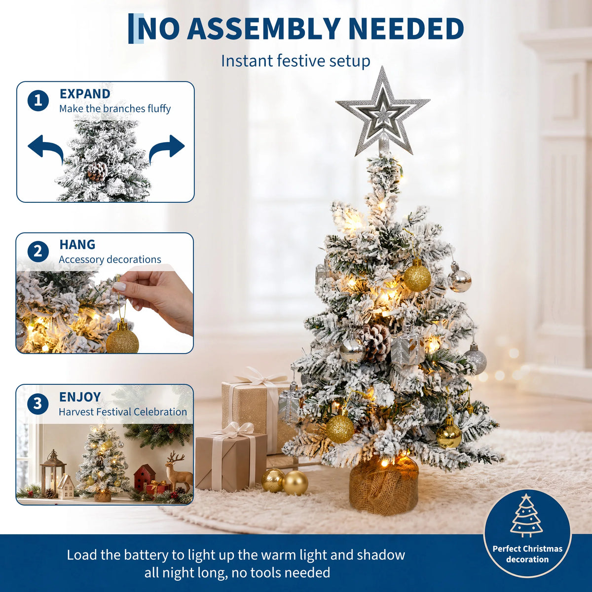 24-Inch Pre-Lit Snowy Tabletop Christmas Tree – Flocked Mini Xmas Tree with LED Lights & Ornaments