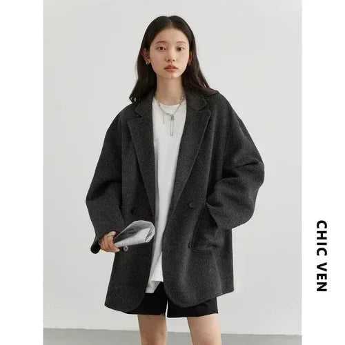 CHIC VEN Loose Double Breasted Retro Double-sided Jacket