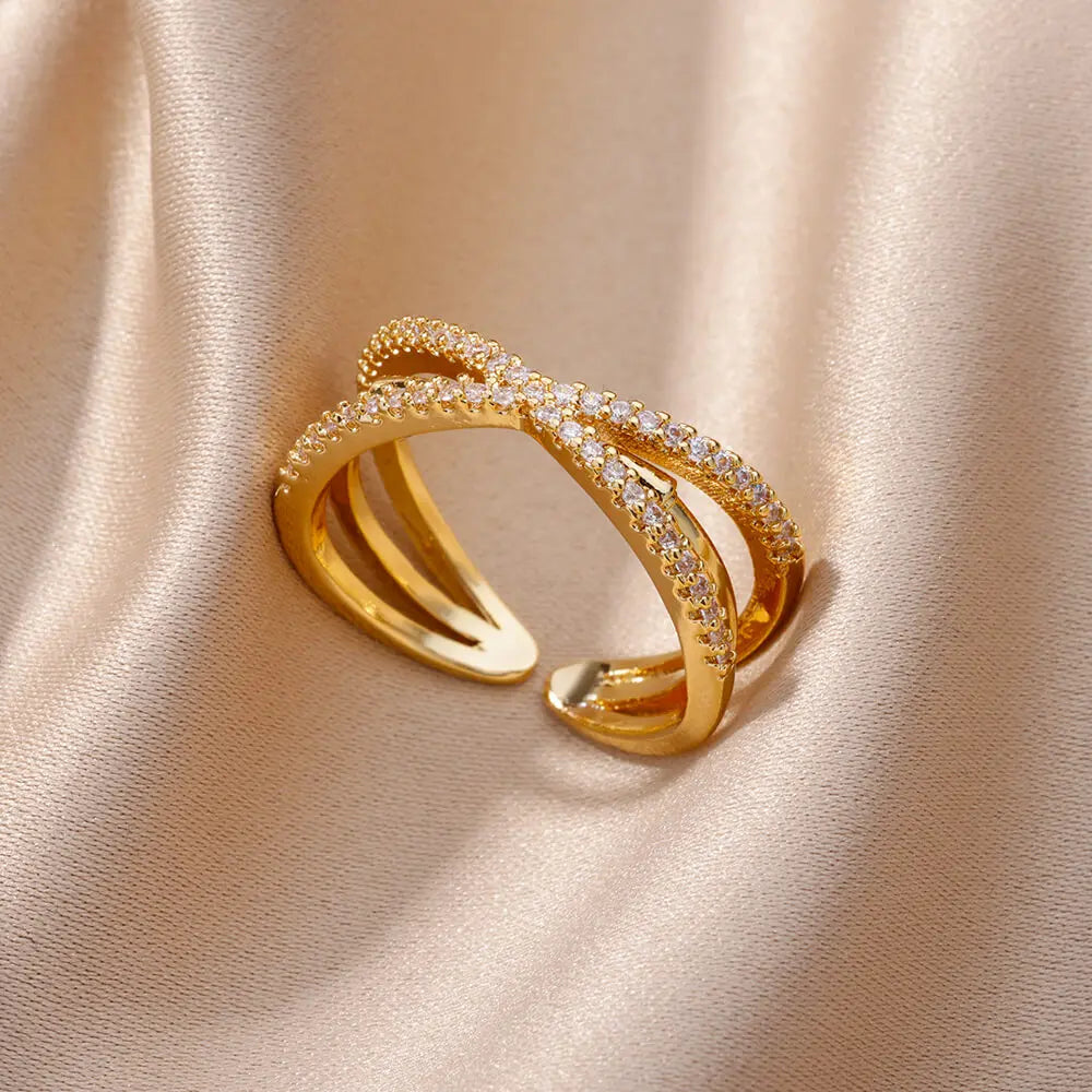 18K Gold Plated Zircon Geometric Open Ring – Trendy Waterproof Stainless Steel Jewelry