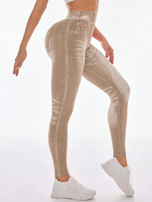 Women's V-Back High-Waisted Faux Denim Jeggings – Tummy Control & Booty Lifting