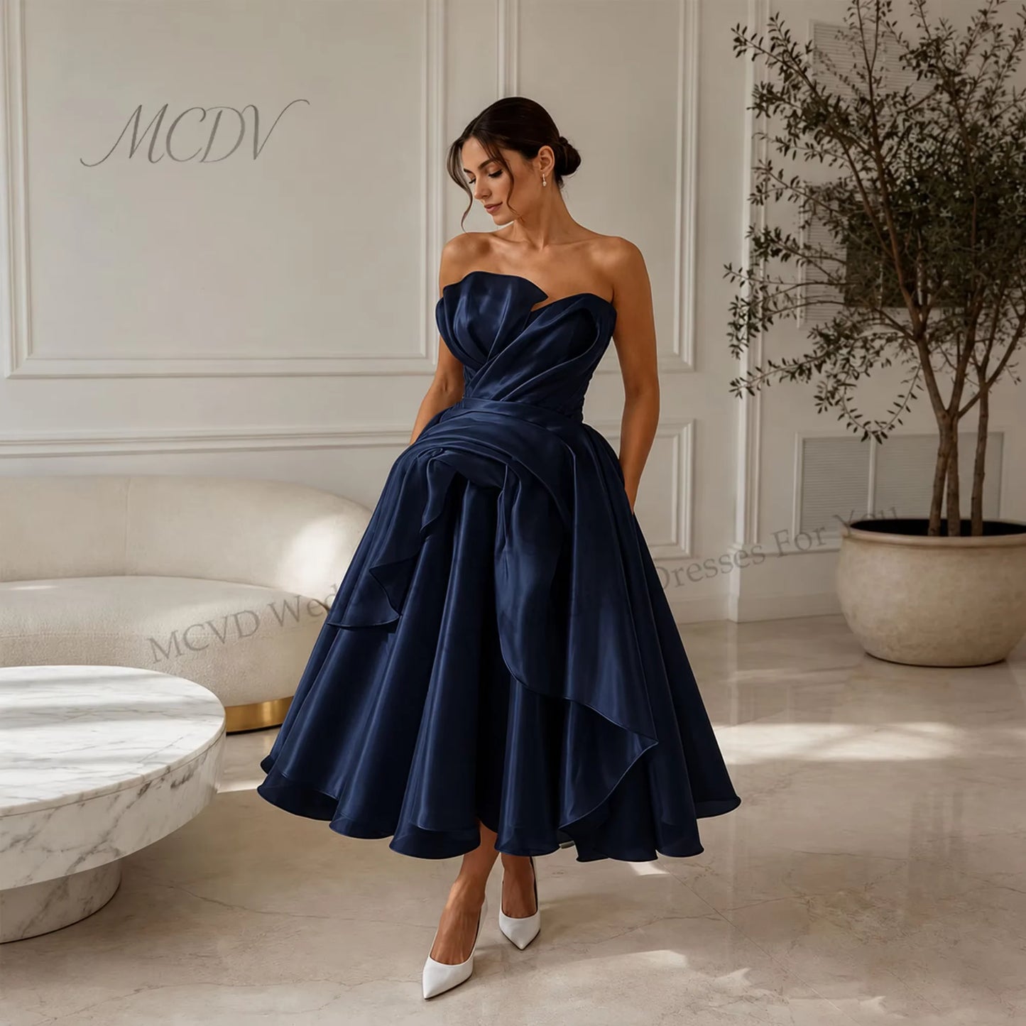 Elegant Strapless Organza A-Line Midi Wedding Dress – Civil Bridal Gown