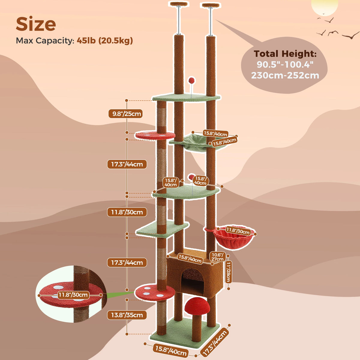 Floor to Ceiling Adjustable Cat Tree Tower with Condo & Scratching Post
