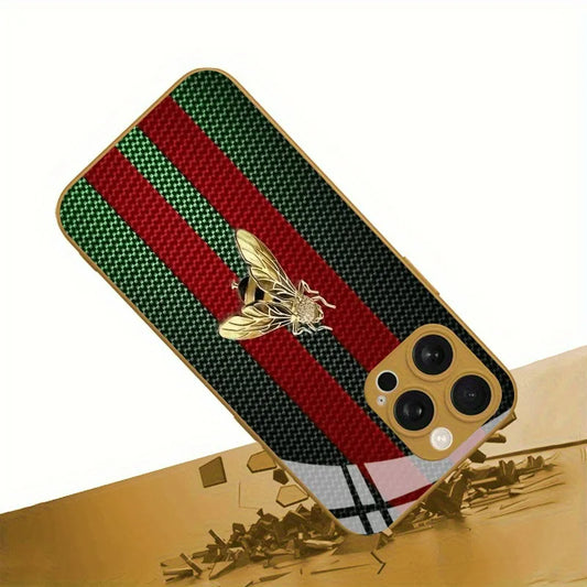 Luxury Metallic Stripe & Golden Bee Tempered Glass iPhone Case