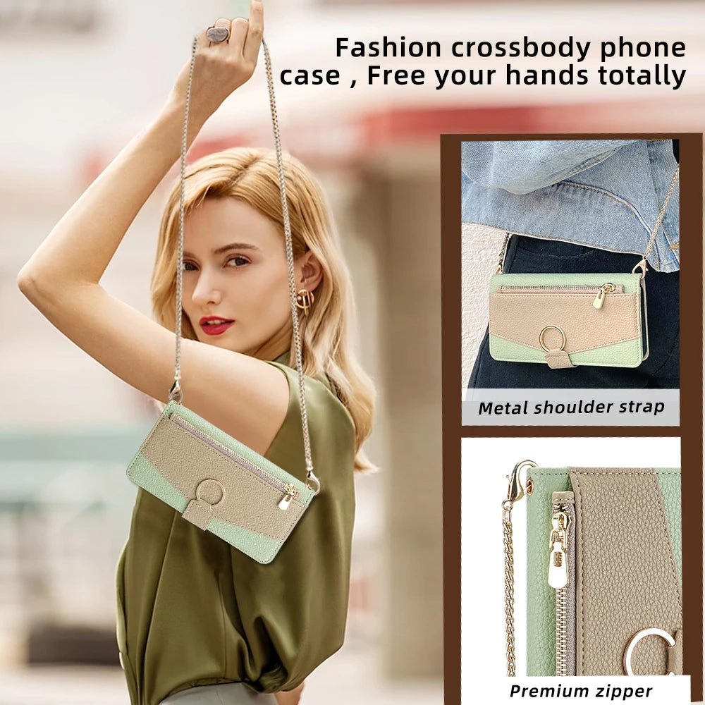 Crossbody Leather Zipper Wallet Case for iPhone Flip Mirror Cover Long Lanyard