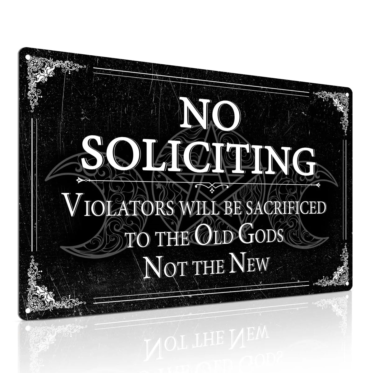 "Violators Will Be Sacrificed to the Old Gods" Vintage No Soliciting Tin Sign