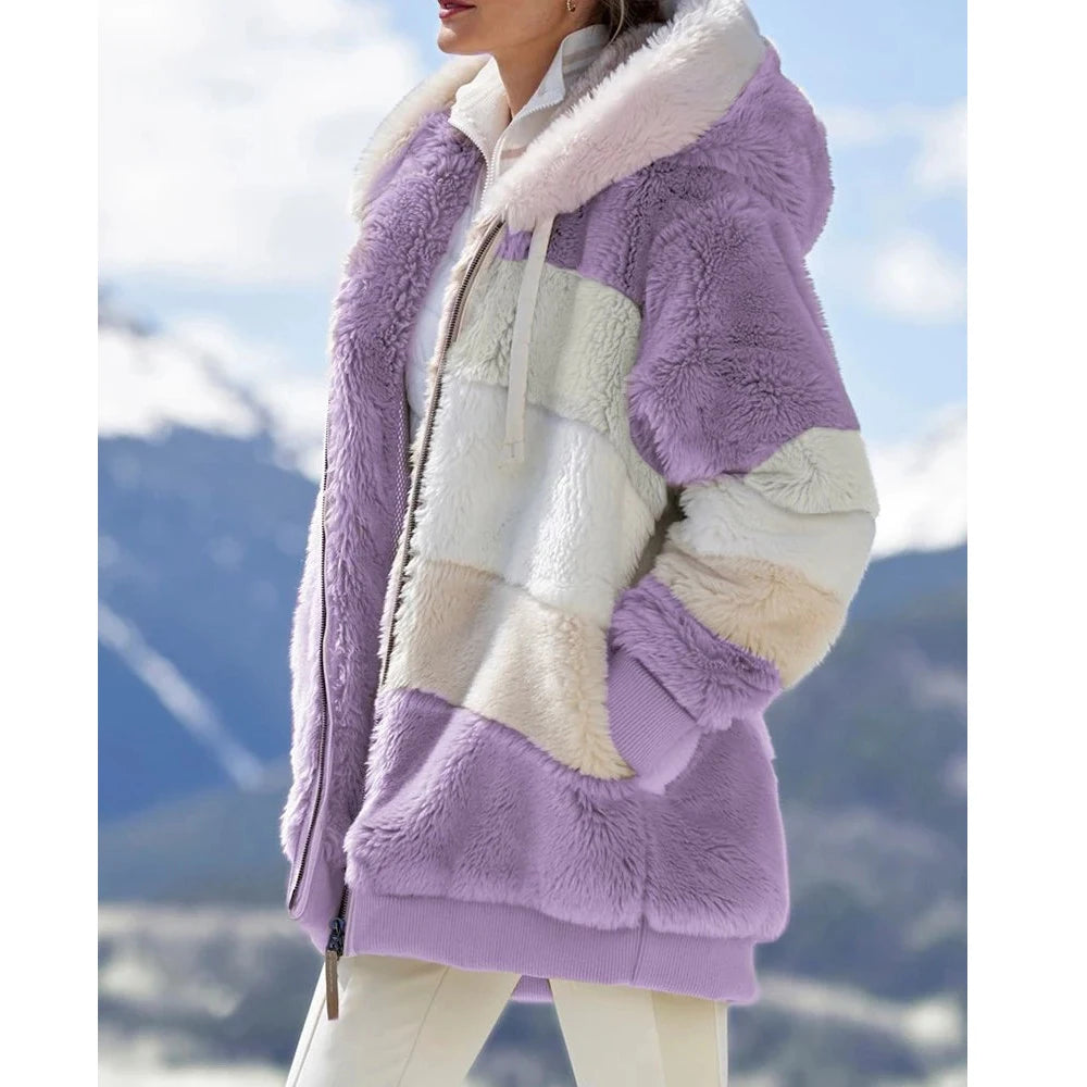 Women's Oversized Plush Hooded Zip-Up Cashmere Streetwear Coat