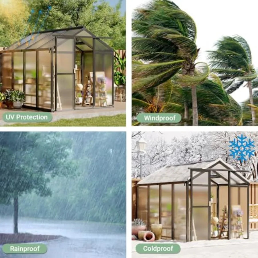 6X8FT Walk-in Greenhouse Kit with Aluminum Frame Polycarbonate Panels Adjustable Roof Vent Sliding Door Secure Lock