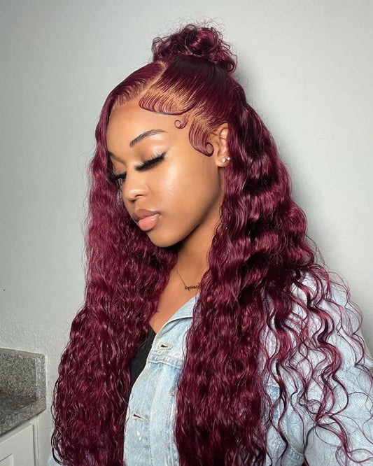 34" 99J Burgundy Wine Red Lace Front Wigs With Natural Deep Wave