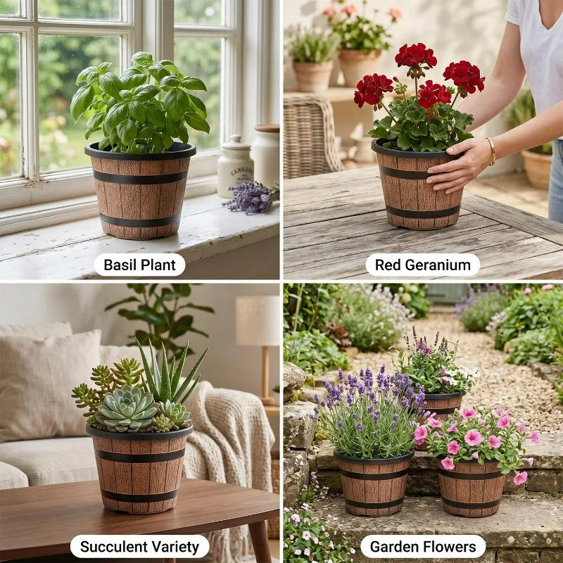 Retro Imitation Wood Plastic Barrel Planter for Garden & Bonsai