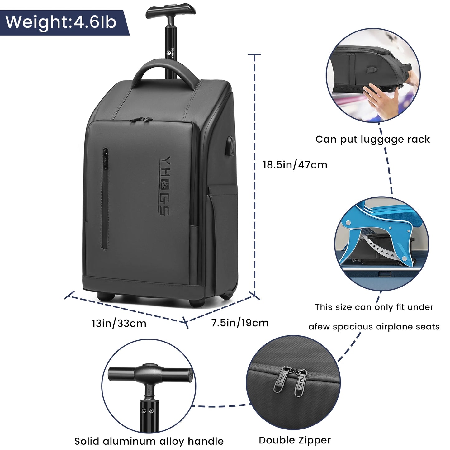 USB Charging Trolley Luggage Backpack with Wheels