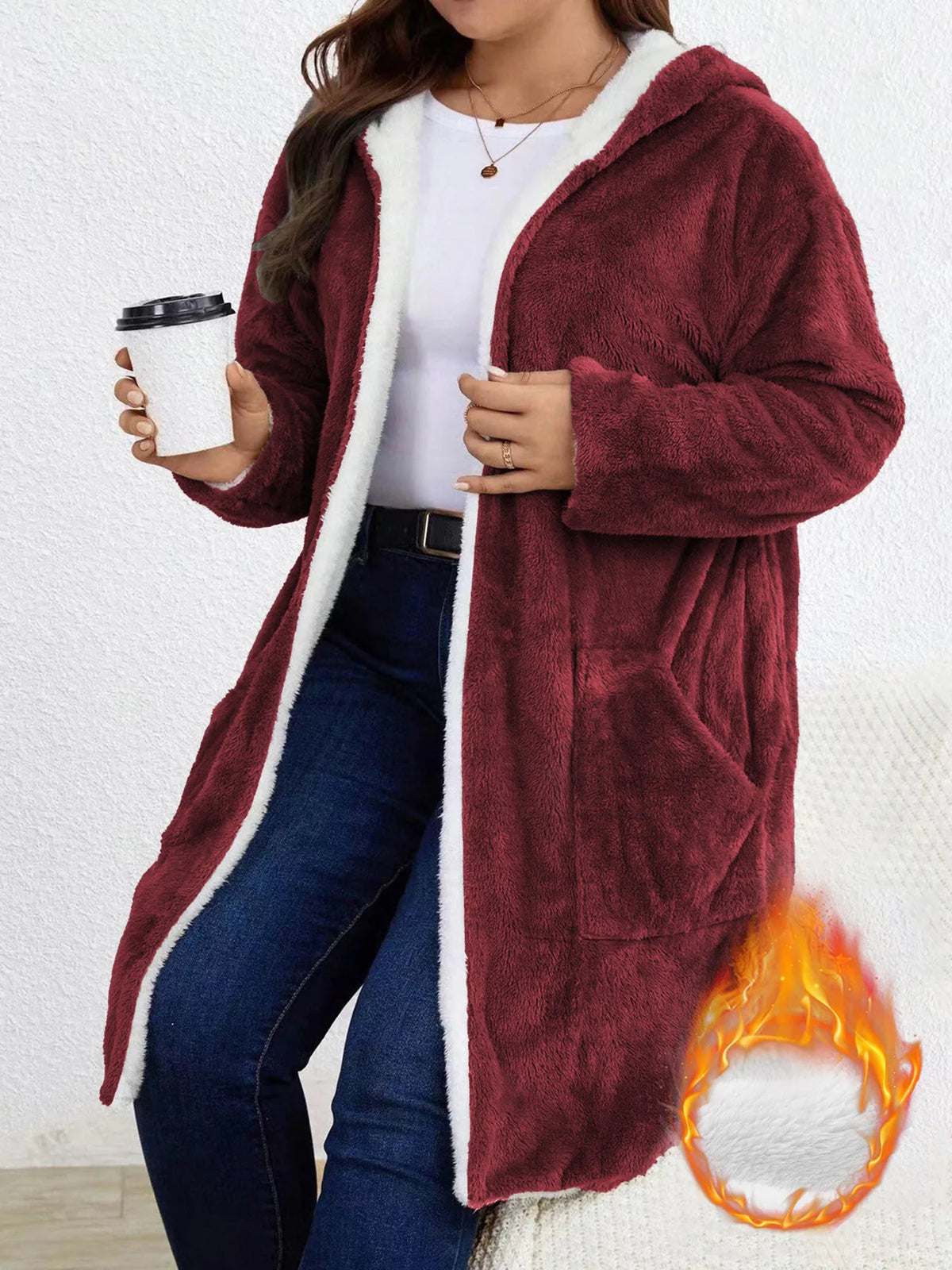 Women's Fuzzy Fleece Lined Hooded Open Cardigan - Warm Sherpa Trim Winter Coat