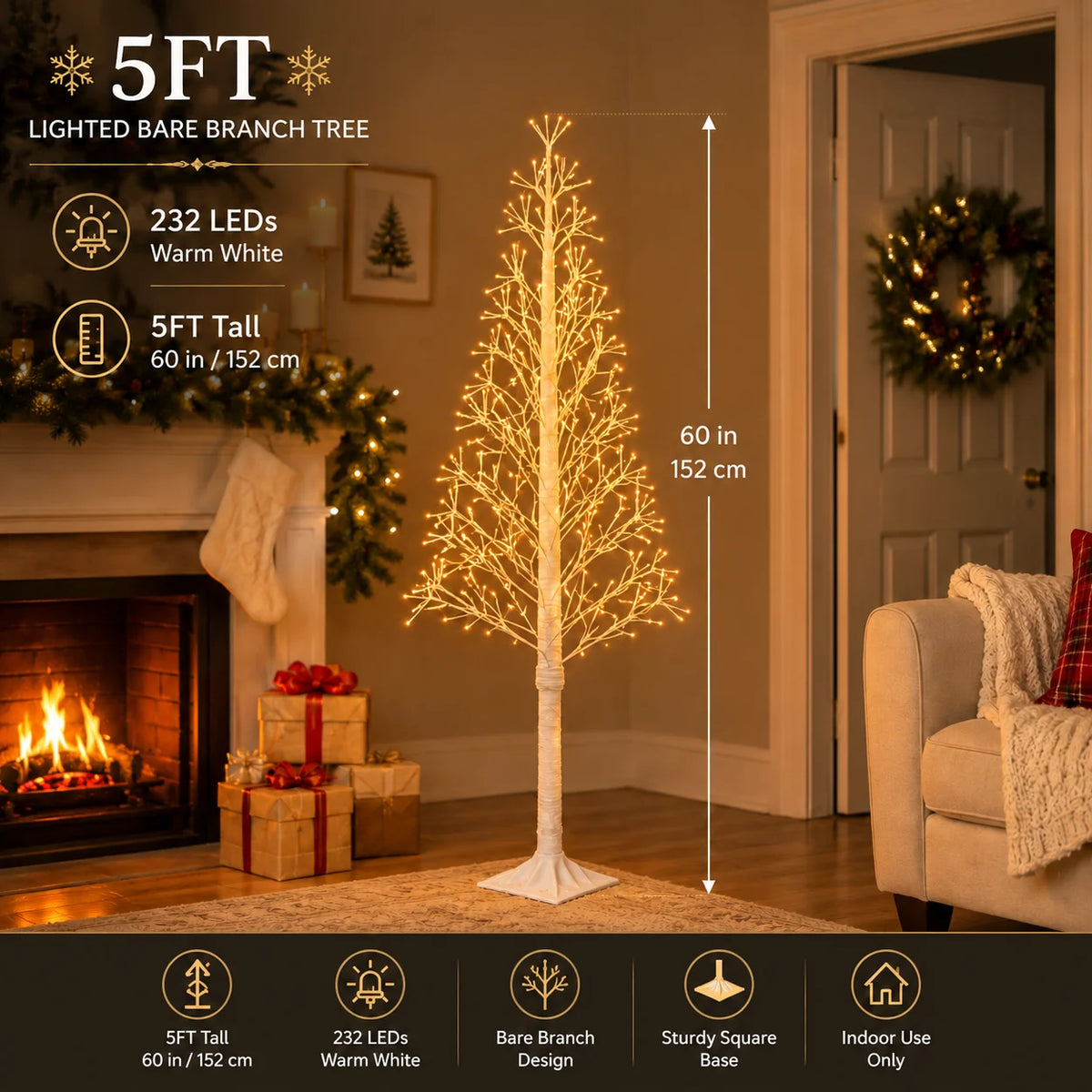 Pre-Lit LED Christmas Branch Tree – USB Powered Holiday Decor with 8 Lighting Modes (4FT-6FT)