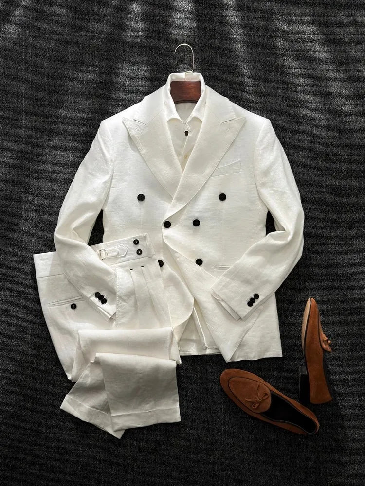 Men's 100% Linen Double-Breasted 2-Piece Formal Business Suit Set