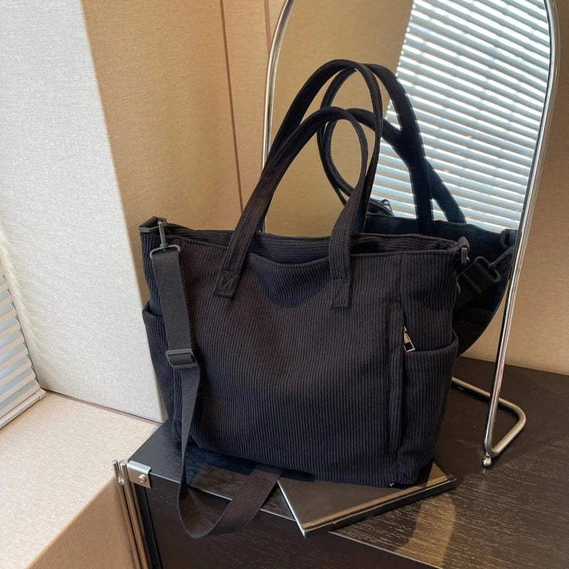 Women Corduroy Multi-Pocket Shoulder Tote & Crossbody Sling Bag