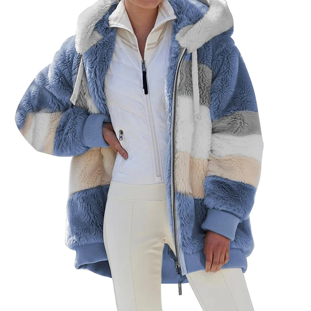 Women's Oversized Plush Hooded Zip-Up Cashmere Streetwear Coat
