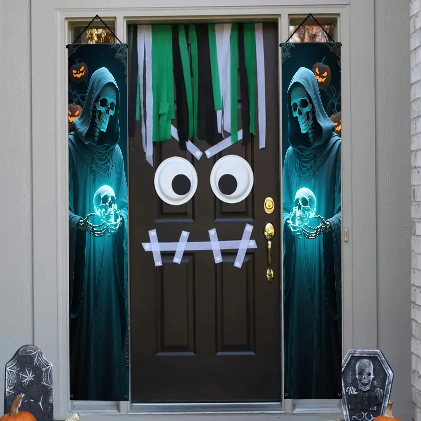 Halloween Skull Porch Banners - Outdoor Hanging Door Decor (2-Pack)