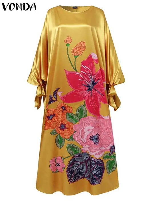 Women’s Long Sleeve Satin Maxi Dress – Vintage Floral Print Boho Sundress