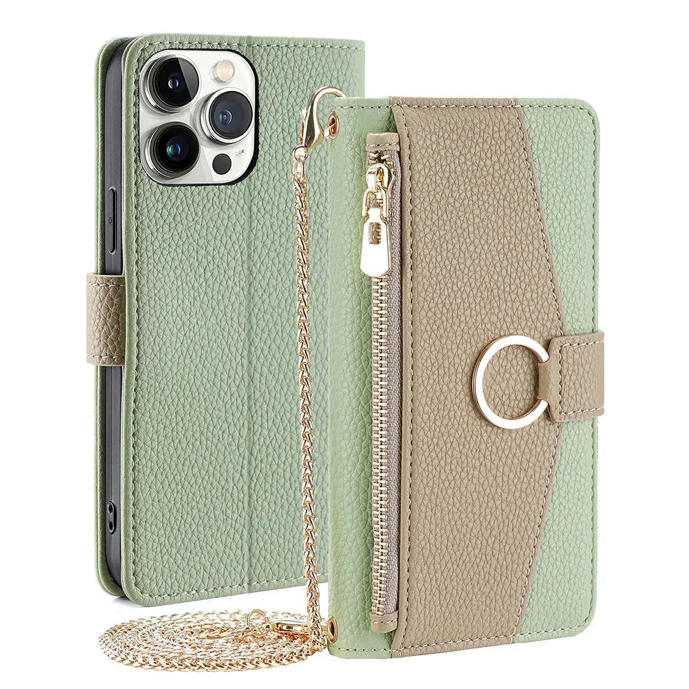 Crossbody Leather Zipper Wallet Case for iPhone Flip Mirror Cover Long Lanyard