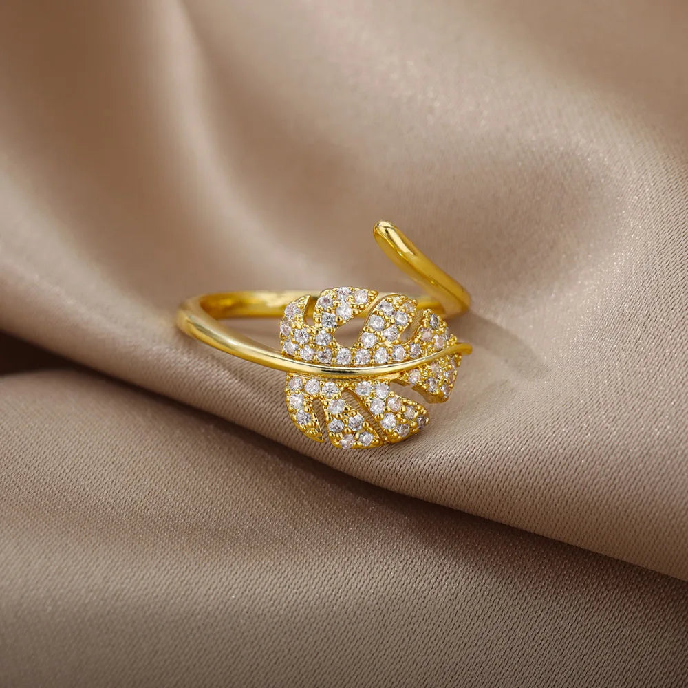 18K Gold Plated Zircon Geometric Open Ring – Trendy Waterproof Stainless Steel Jewelry